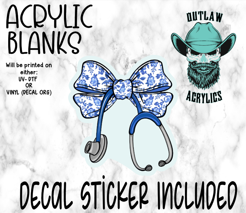 Blue Floral Croquette Nurse Scope Bow Acrylic & Decal Set