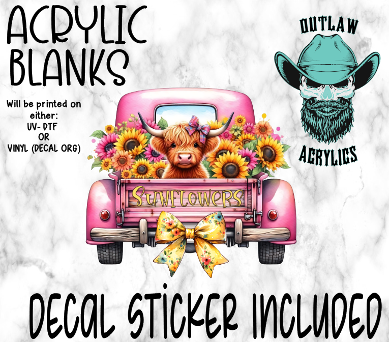 Sunflower Highland Cow Truck Rear Acrylic & Decal Set