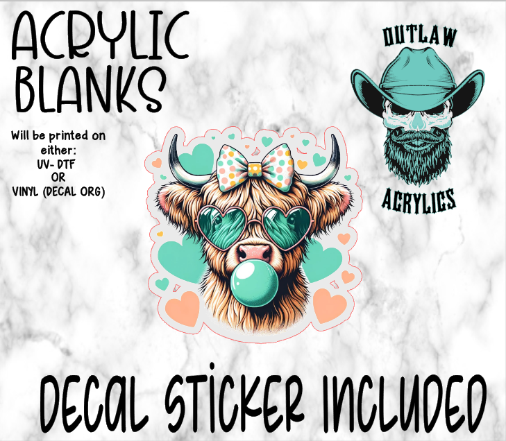 Teal Highland Cow Bubblegum Acrylic & Decal Set