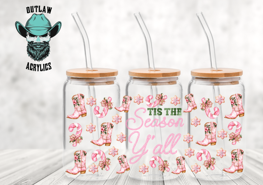 Pink Christmas Tis The Season Yall Glass Wrap