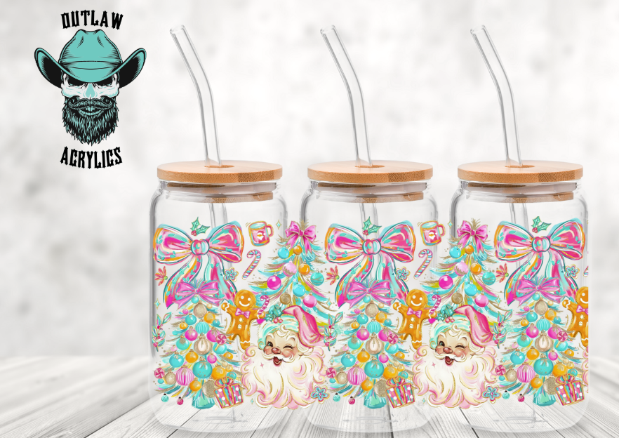 Watercolor Pink Teal Santa Glass Wrap