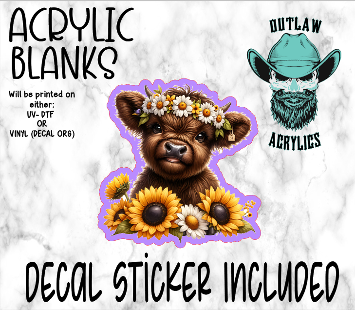 Dark Brown Highland Cow Sunflowers Acrylic & Decal Set