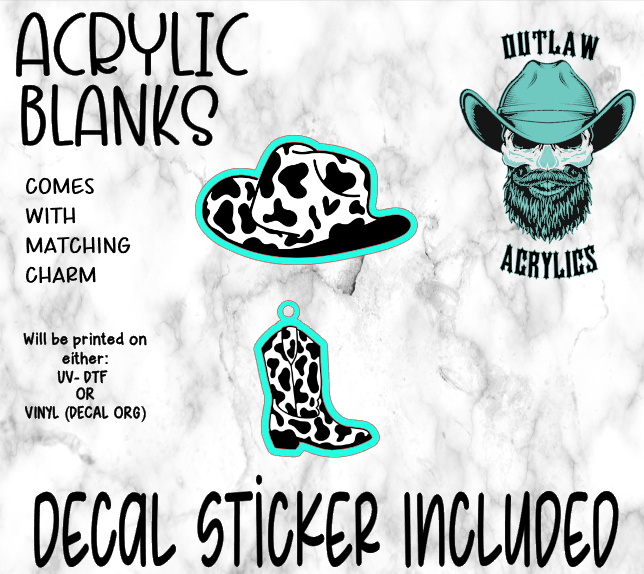 Cowboy Hat Cow print Style Acrylic & Decal Set WITH MATCHING CHARM