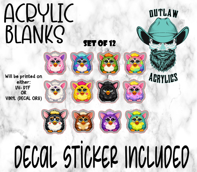 SET OF 12 Furry Birds Acrylic & Decal Set