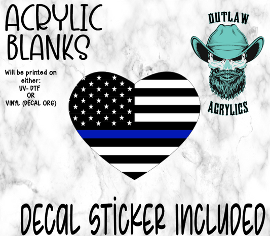 Blue Line Heart Acrylic & Decal Set