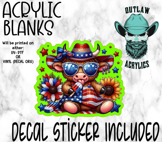 4th Of July Highland Cow Sunflower Acrylic & Decal Set