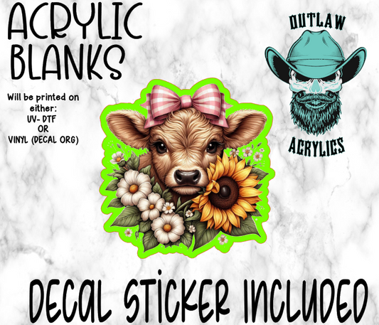 Highland Cow Sunflower Pink Bow Acrylic & Decal Set