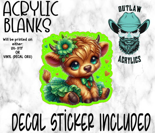 Green Dress Highland Cow Acrylic & Decal Set