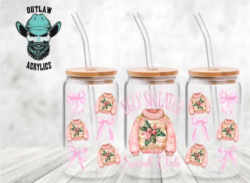Pink Christmas Ugly Sweater Social Club Glass Wrap