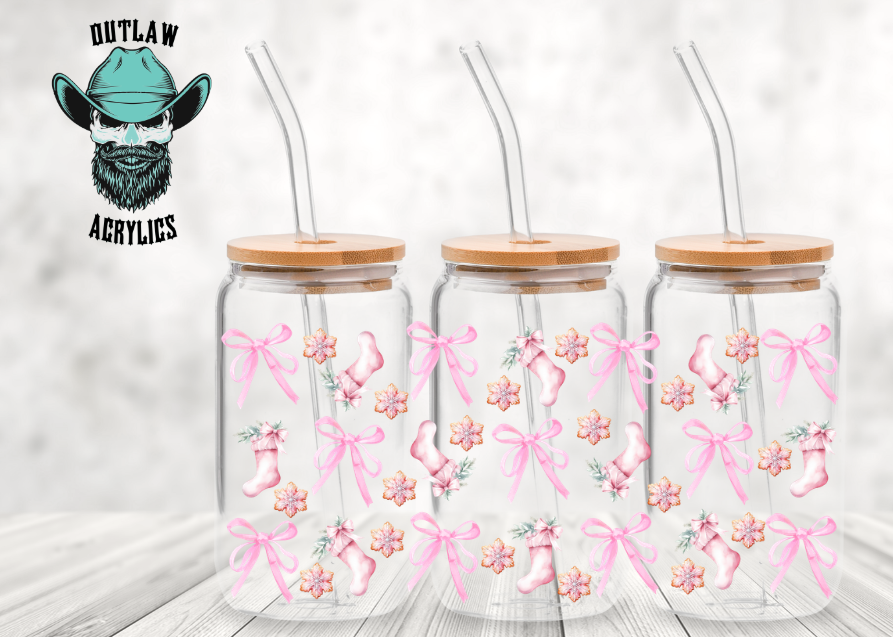 Pink Christmas Bows & Stockings Glass Wrap