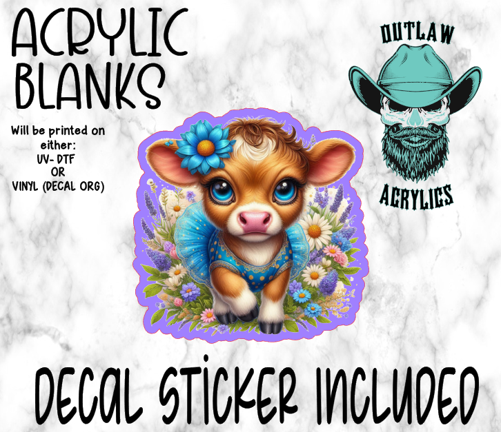 Blue Tutu Floral Highland Cow Acrylic & Decal Set
