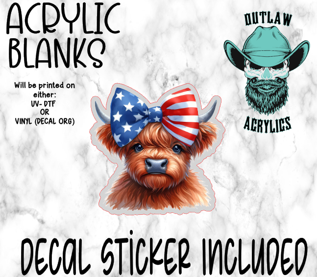Patriotic Bow Highland Cow Acrylic & Decal Set