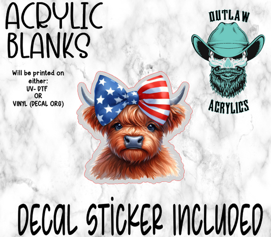 Patriotic Bow Highland Cow Acrylic & Decal Set