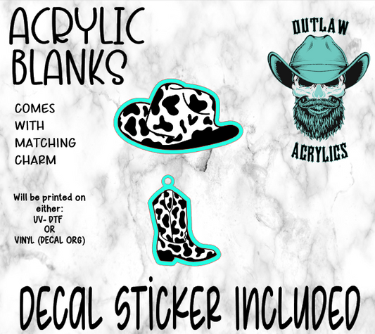 Cowboy Hat Cow print Style Acrylic & Decal Set WITH MATCHING CHARM