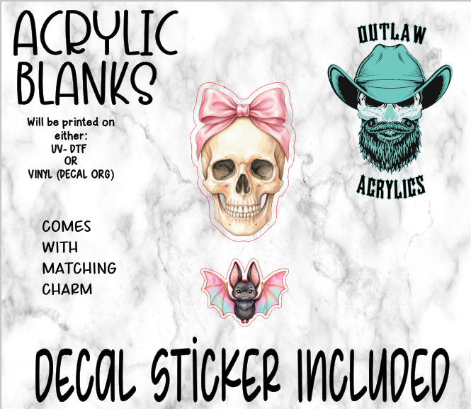 Skull Pink Bow Acrylic & Decal Set WITH MATCHING CHARM