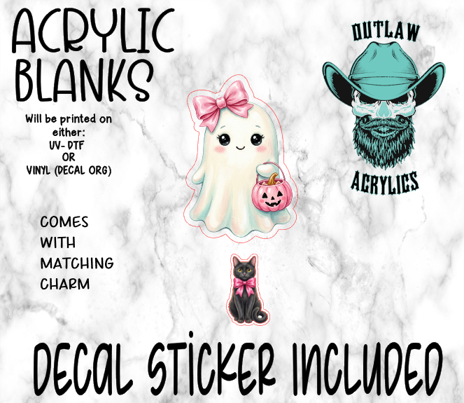 Girly Ghost Pink Bow & Cat Acrylic & Decal Set WITH MATCHING CHARM